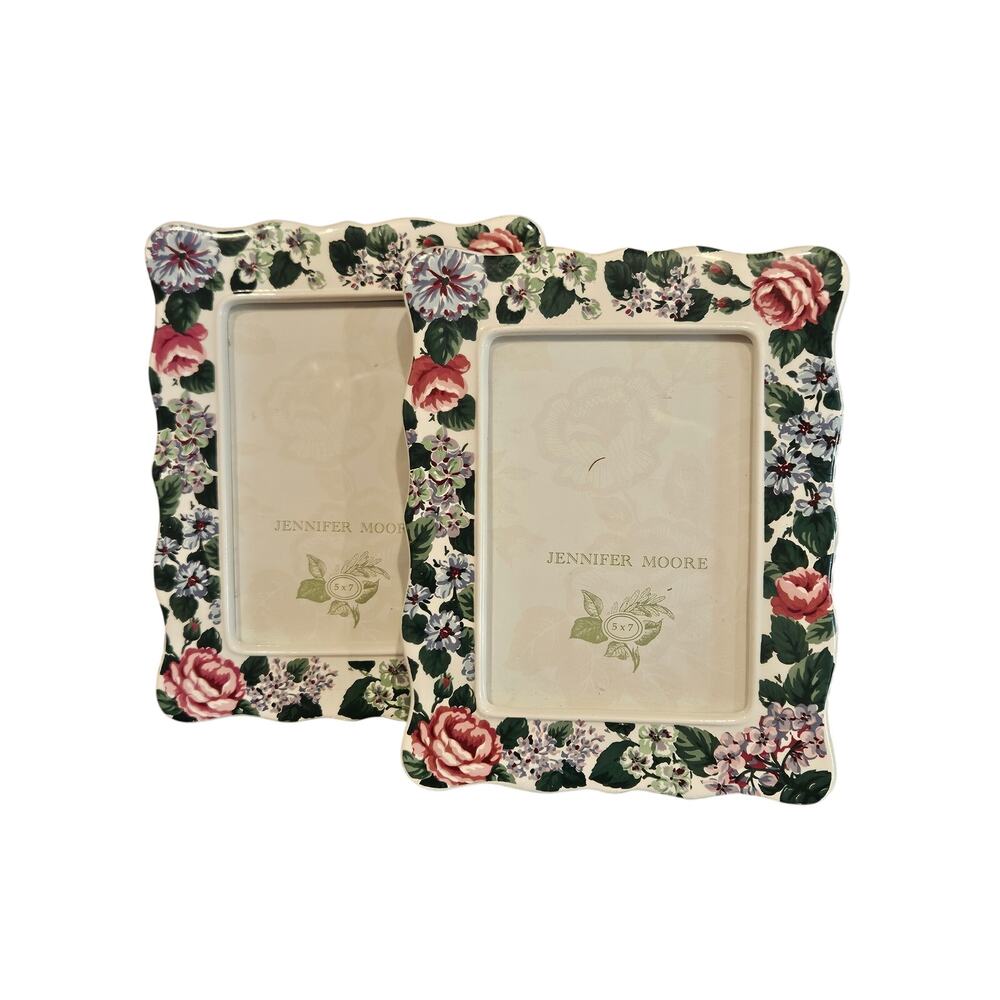 Vintage Jennifer moore pair ceramic picture frames floral country cottage whimsy